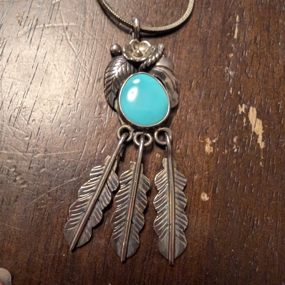 Sterling Silver and Turquoise Feather Pendant With Necklace